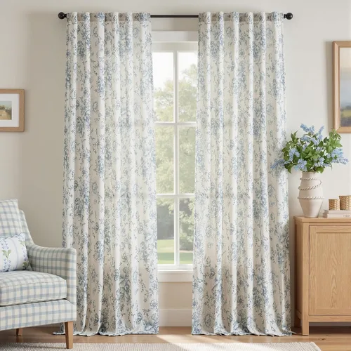 Miniatura 46 de Jinchan Cortinas de Mezcla de Lino con Estampado Floral para Sala de Estar, 84 Pulgadas de Largo, Cortinas con Bolsillo para Varilla y Tab Trasera