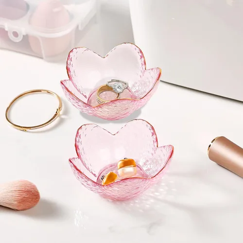 Miniatura 7 de Regalos para mujeres, plato para baratijas con flores, plato para joyería de vidrio rosa, soporte para anillos, bandeja de joyería, decoración
