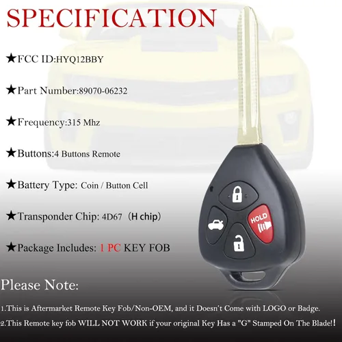 Miniatura 4 de MechanMagic Llavero remoto de reemplazo Compatible con Toyota Camry 2007 2008 2009 2010 2011/Corolla 2009-2010 HYQ12BBY Control remoto de entrada