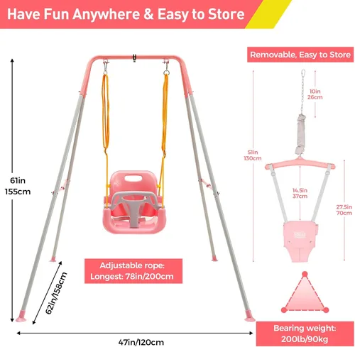 Miniatura 6 de FUNLIO Juego de columpios 2 en 1 para niños pequeños y saltador para bebés, columpio resistente para niños y saltador con 4 sacos de arena, soporte