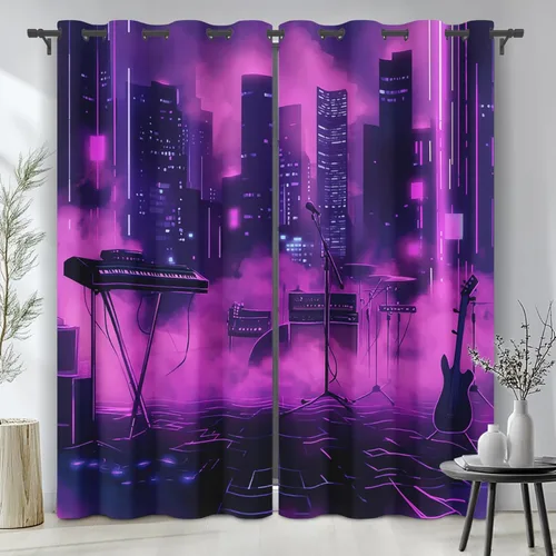 Neon Synthwave Kitchen Curtains 2 Panels, Neon Cyberpunk Blackout Curtains Thermal Insulated Small Window Curtains, Colorful Futuristic Drapes