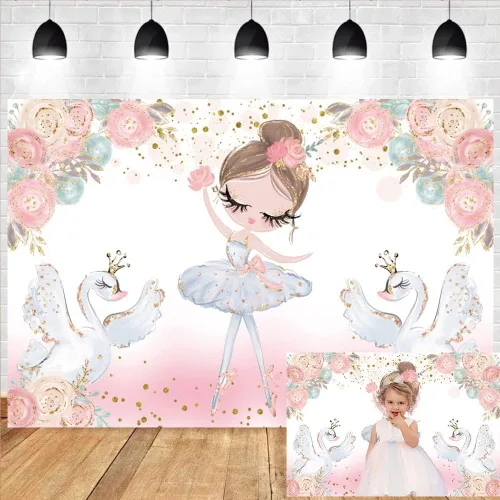 Bonito telón de fondo de ballet de 7 x 5 pies para niñas, baby shower, fiesta, pancarta con purpurina de cisne para niños, tutú de ballet para
