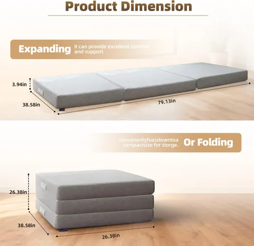 Miniatura 5 de Colchón triple de espuma viscoelástica, cama individual portátil de 4 pulgadas, tapete plegable con funda lavable, asa y parte inferior