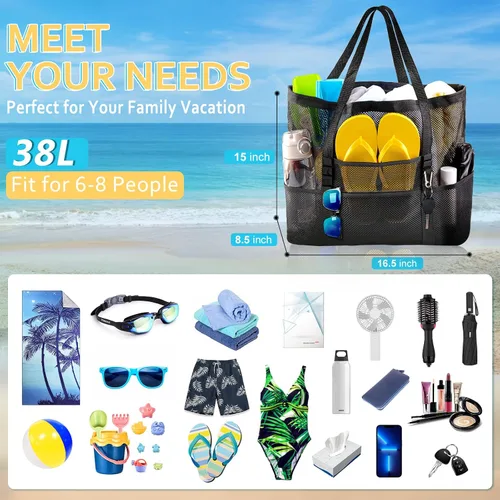 Miniatura 3 de SRISE Mesh Beach Bag - Large Beach Tote Bag for Family Beach Bag for Toys & Vacation Essentials
