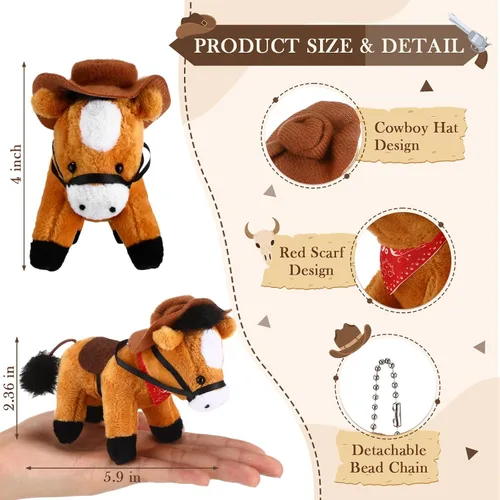 Miniatura 3 de Paquete de 9 animales de peluche de 4 pulgadas, mini juguete de peluche de pie con sombrero de vaquero y bandana, cadena desmontable para decoración