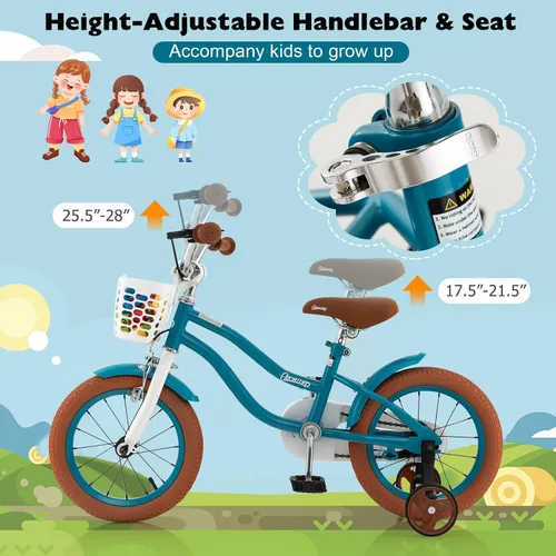 Miniatura 2 de BABY JOY Kids Bike, 12 14 16 18 20 Inch Boys Girls Bike w/Adjustable Seat, Removable Basket, Handbrake & Coaster Brake, Training Wheels or Turquesa