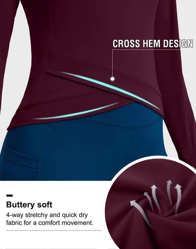 Miniatura 4 de SANTINY Camiseta de compresión atlética de manga larga para mujer, con dobladillo cruzado, para correr, gimnasio, yoga, con agujero para el pulgar