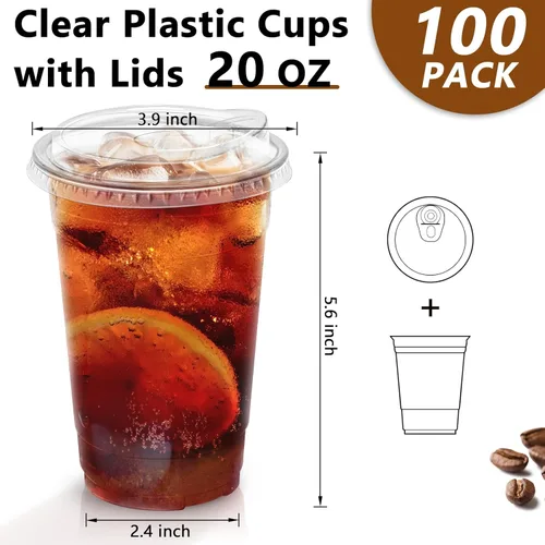 Miniatura 2 de Clawsoff 20 oz 100 Pack Clear Plastic Cups with Lids, Sturdy Iced Coffee Cups with Sip Lids, Disposable Food Safe Smoothie Cup for Cold Drinks