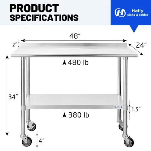 Miniatura 3 de Mesa de acero inoxidable para preparación y trabajo, con ruedas giratorias, mesa resistente, comercial NSF, con estante inferior y protector