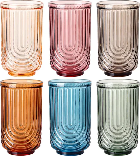 Miniatura 11 de JOVGANK Juego de vasos de bebida vintage rosados de 6 a 14 onzas, vasos de vidrio rosa art déco, vasos de cóctel de whisky, para bar, jugo de café