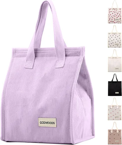 Miniatura 12 de TELLUMO Bolsa de almuerzo de corduroy para mujeres y hombres, linda bolsa de almuerzo con aislamiento y gran capacidad (7.5L), bolsa de almuerzo