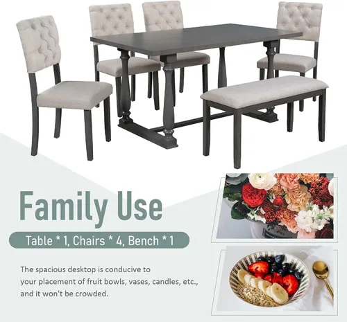 Miniatura 5 de Harper & Bright Designs Juego de mesa de comedor de madera gris de 6 piezas con banco tapizado y 4 sillas de comedor, patas de forma especial
