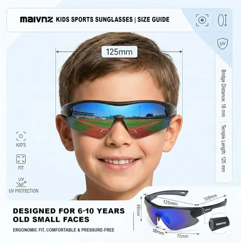 Miniatura 2 de maivnz Gafas de sol de béisbol juveniles para niños, UV400 para niñas, gafas de sol de sóftbol para niñas, niños de 6 a 8 a 12 a 14 años, gafas