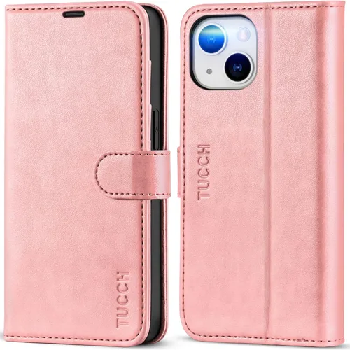 Miniatura 26 de TUCCH Funda tipo billetera para iPhone 14, [Bloqueo RFID] [4 ranuras para tarjetas] Funda protectora interior de TPU, funda abatible magnética