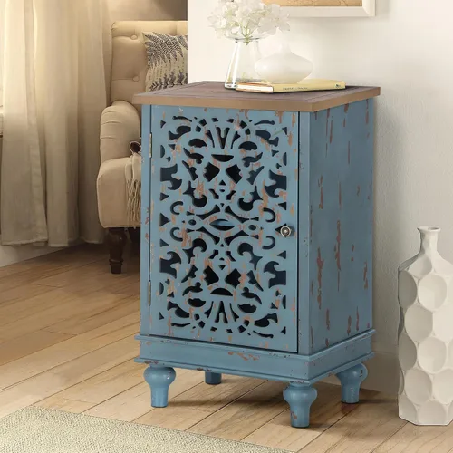 GREEN PARTY Armario de almacenamiento, mesa auxiliar, mesita de noche, mesa de sofá con una sola puerta, patrón floral verde azulado para sala de