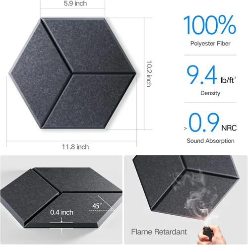 Miniatura 3 de Paquete de 12 paneles acústicos autoadhesivos de 12 x 10 x 0.4 pulgadas, paneles de espuma a prueba de sonido con alta densidad, diseño forrado