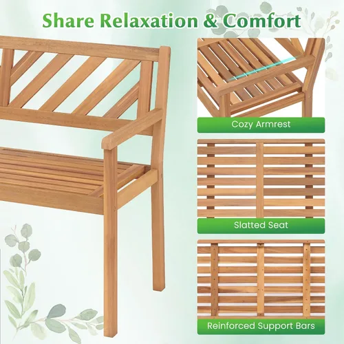 Miniatura 6 de Tangkula Banco de dos plazas de madera de acacia para exteriores, banco de jardín para 2 personas con reposabrazos y respaldo, muebles de madera