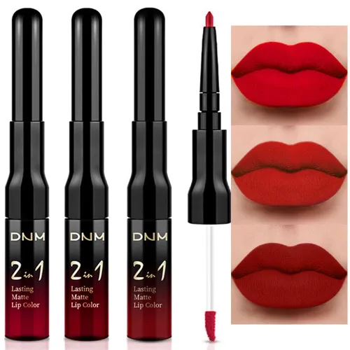 Miniatura 14 de 3 piezas 2 en 1 Set de delineador y lápiz labial líquido de color negro oscuro, púrpura y azul real para mujeres, tinte labial de larga duración, a