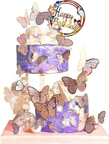 Miniatura 8 de Decoraciones para tartas de mariposas, 1 adorno grande para pastel de feliz cumpleaños y 15 piezas 3D de oro rosa rosa para cupcakes – Suministros