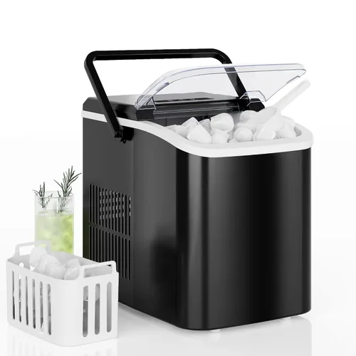 DUMOS Máquina de hielo para encimera con asa, máquina de hielo portátil de 26 libras/24 horas, 9 cubos de bala listos en 6 minutos, autolimpiante,
