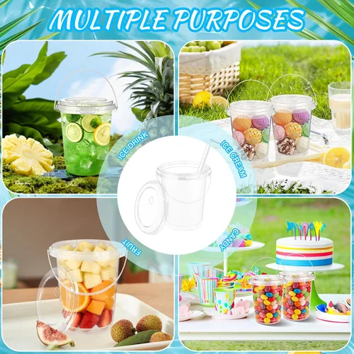Miniatura 7 de 30 juegos de cubos de bebida de 34 onzas con tapas y pajitas, vasos desechables de plástico transparente con asas para ron, café helado, batidos