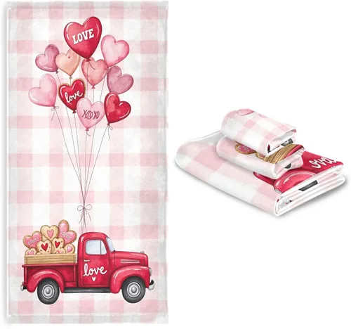 Miniatura 7 de Juego de 3 toallas románticas a cuadros con diseño de corazón rosa con resorte de globo, toallas de baño suaves y absorbentes, toallas de mano