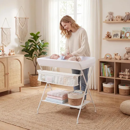 Miniatura 2 de HONEY JOY Cambiador, organizador plegable para guardería con estante abierto y cinturón de seguridad, estación de cambio de pañales portátil