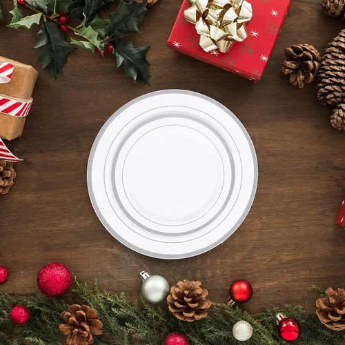 Miniatura 9 de JollyPack 100 piezas de platos desechables de plástico plateado para fiestas, incluyendo 50 platos llanos de 10 pulgadas y 50 de 7 pulgadas