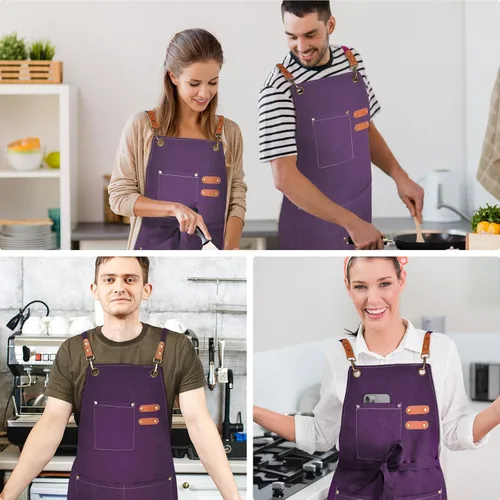 Miniatura 6 de OUNLEN Delantal de Chef para Hombres y Mujeres de Lona con 3 Bolsillos, Delantal Resistente de Trabajo con Espalda Cruzada para Cocinar Púrpura
