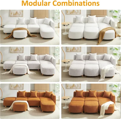 Miniatura 9 de VANOMi 279 cm Sofá modular seccional con 3 almohadas, cómodo sofá de chenilla en nube convertible de 5 plazas con reposapiés, sofás seccional