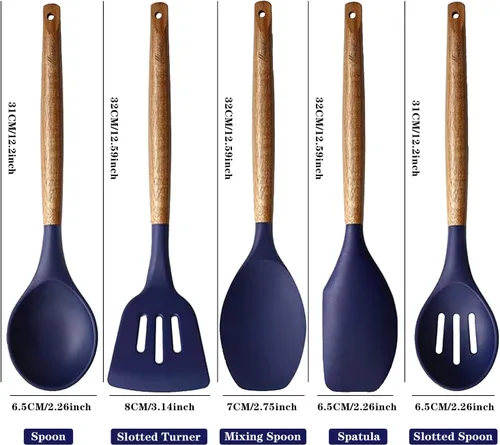 Miniatura 4 de Juego de utensilios de cocina de silicona antiadherente con mango de madera dura de acacia natural, 5 piezas, azul medianoche, sin BPA, utensilios