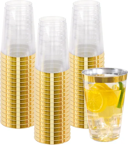 Miniatura 11 de I00000 Paquete de 100 vasos de plástico dorados de 14 onzas, vasos desechables de plástico con purpurina dorada, copas de vino desechables, copas