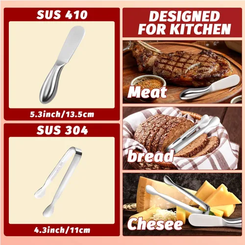 Miniatura 2 de Juego de cuchillos esparcidores de mantequilla, 8 cuchillos de acero inoxidable para esparcir mantequilla de queso y mini pinzas para servir queso