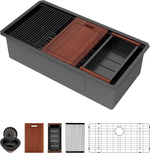 Miniatura 38 de Sarlai 33 Fregadero de Cocina Empotrado - Fregadero de 33 x 19 Pulgadas Bajo Encimera Estación de Trabajo de Profundidad Sencillo Tazón 16 Calibre