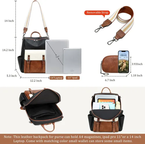 Miniatura 2 de AGLOD Mochila de cuero sintético para mujer, bolsos de viaje de moda para mujer, bolsos de viaje de trabajo de imitación, Beige- negro-marrón