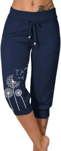 Miniatura 6 de Pantalones capri para mujer, estampado de diente de león, pantalones capri con cordón de cintura alta, elásticos, pantalones cortos de verano