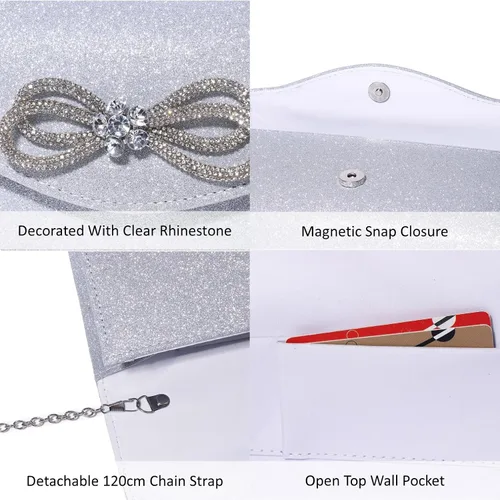 Miniatura 7 de DETARA Bolso de noche para mujer, con lazo de cristal brillante, con solapa, bolso de mano para mujer, boda, fiesta, baile de graduación