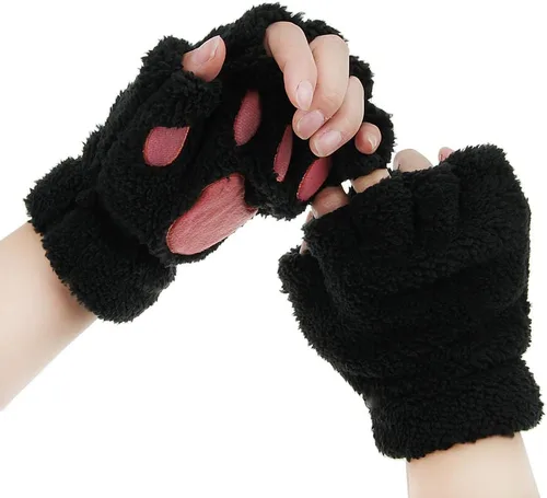 FakeFace Lindos guantes de felpa de piel sintética sin dedos para niñas y mujeres