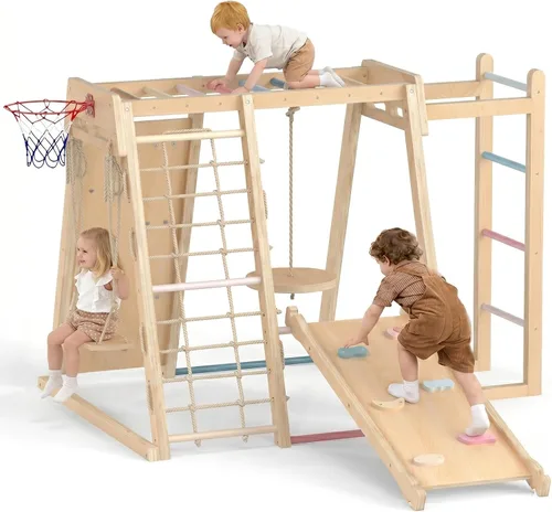 OLAKIDS Gimnasio de la selva para interiores, juguetes Montessori de madera para escalada para bebés 9 en 1 con rampa ajustable de 2 columpios, red
