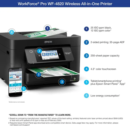 Miniatura 4 de Epson® Workforce® Pro WF-4820 Impresora inalámbrica a color todo en uno, negro, grande y cartucho negro de alta capacidad DURABrite T252 de tinta