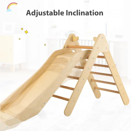 Miniatura 6 de OLAKIDS Juego de triángulo Pikler 2 en 1 juguetes de escalada para niños pequeños Gimnasio de selva plegable de madera Montessori con rampa