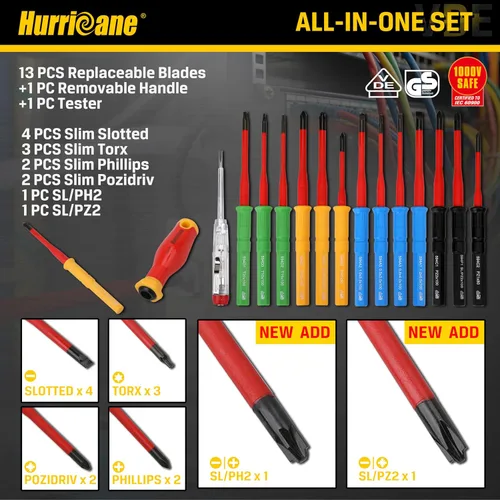 Miniatura 2 de HURRICANE Juego de destornilladores aislados de 15 piezas, herramientas de electricista con certificación VDE de 1000 V con cuchillas S2 codificadas