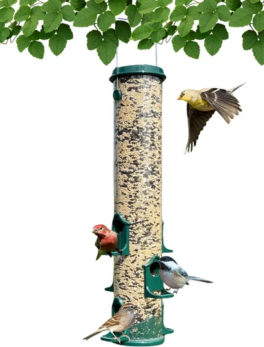 Alimentador de tubo para pájaros, alimentador de tubo verde mamut de 6 puertos con tapa de metal, perchas y puertos, capacidad para 10 tazas de