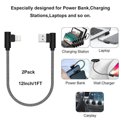 Miniatura 4 de Cargador para iPhone de 1 pie y 90 grados, 2 unidades, con certificación MFi, cable Lightning corto en ángulo recto, cable de carga rápida