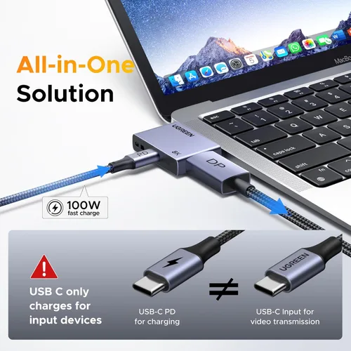 Miniatura 4 de UGREEN Adaptador unidireccional USB C a DisplayPort 1.4 con PD de 100 W de carga rápida 8K @60Hz 4K a 240Hz Thunderbolt 4/3 a DP Compatible