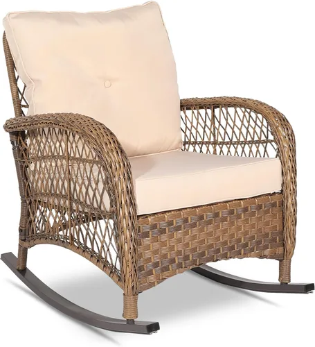 VIVIJASON Mecedora de mimbre para exteriores, silla mecedora de ratán para patio con cojines y marco de acero, muebles de mimbre mecedores para