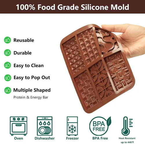 Miniatura 3 de Molde de barra de chocolate de silicona con 6 patrones, 2 moldes de chocolate de 0.3 pulgadas de profundidad para barra de proteínas y energía