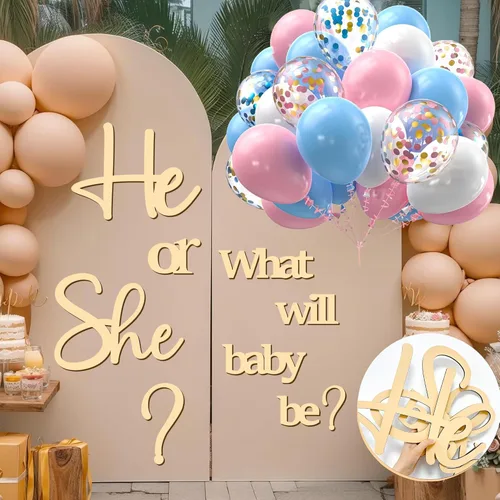Miniatura 15 de Grandes calcomanías de revelación de género para telón de fondo, señal de baby shower de madera, ¿él o ella? ¿Qué será el bebé? Arco de globos