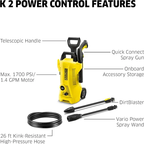 Miniatura 4 de Kärcher 1700 PSI K 2 - Paquete de lavadora eléctrica a presión con manguera de 26 pies, 2 varitas de pulverización, limpiador universal