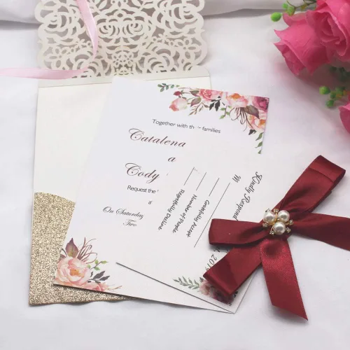 Miniatura 3 de AdasBridal 25 invitaciones de corte láser con purpurina dorada con tarjetas y sobres, diseño de diamante y cinta de lujo con inserto de papel perla